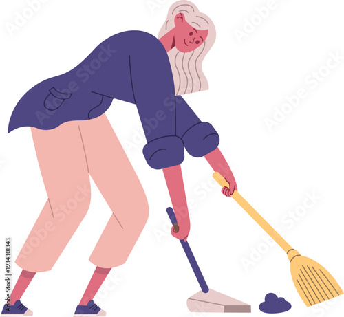 Woman sweeping dirt into dustpan, cleaning floor