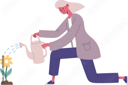 Woman nurturing small flower plant for growth