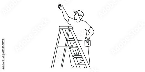 Minimalist line art of a house painter on a ladder