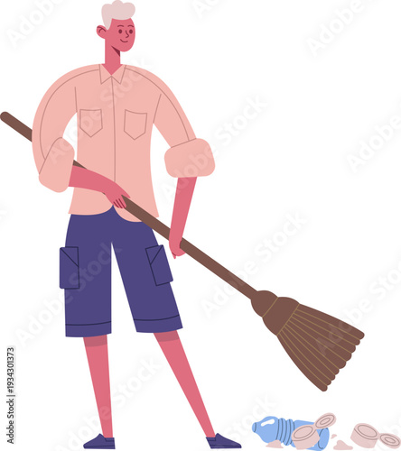 Person sweeping litter on white background illustration