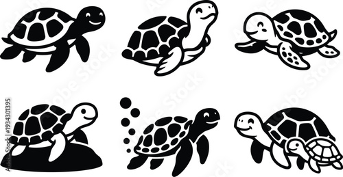 Minimalist black turtle icons set with six simple sea turtle silhouettes showing swimming resting and crawling in side view close up flat design vector art playful