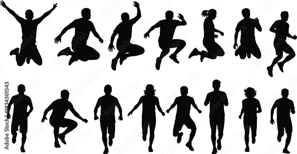 Fototapeta premium Set of Athletic Human Silhouettes Featuring Male and Female Runners Joggers and Jumpers in Motion for Sports Fitness and Active Lifestyle Design