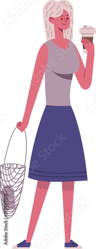 Woman enjoying coffee carrying reusable shopping bag