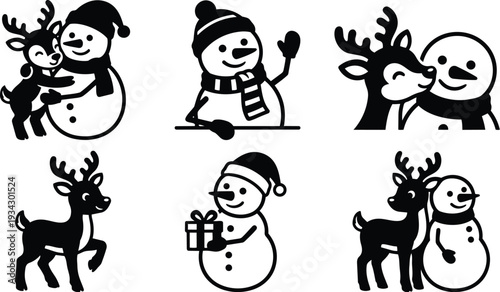 Minimal monochrome vector art set of six snowman and reindeer icons hugging waving holding gift close up simple flat design for winter holiday greeting friendly illustration