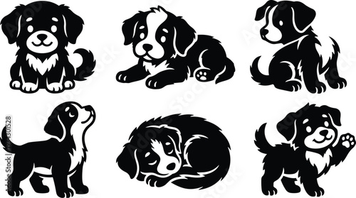 Playful black and white vector puppy icons showing six different poses sitting lying sleeping waving paw head tilt looking up close up flat design cute illustration