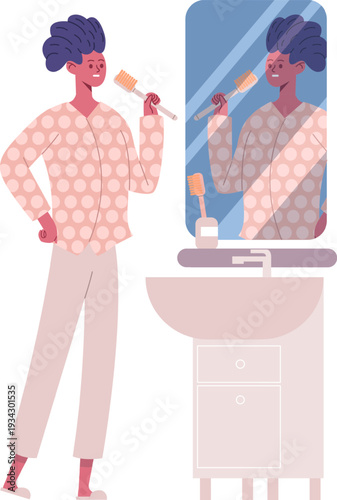 Person brushing teeth in bathroom mirror morning routine