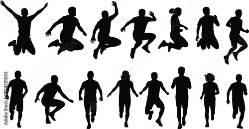 Set of Athletic Human Silhouettes Featuring Male and Female Runners Joggers and Jumpers in Motion for Sports Fitness and Active Lifestyle Design