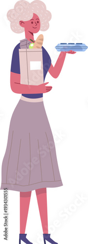 Senior woman carrying groceries and a takeout meal