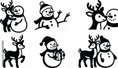Minimalist vector icon set close up smiling snowman and curious reindeer hugging and exchanging gift with scarf and hat winter scene black and white playful composition