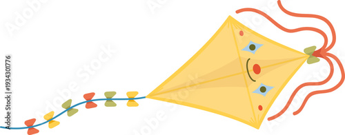 Yellow kite illustration flying with happy face and colorful tail