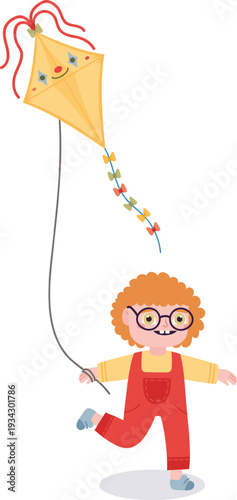 Young child flying a happy yellow kite outdoors