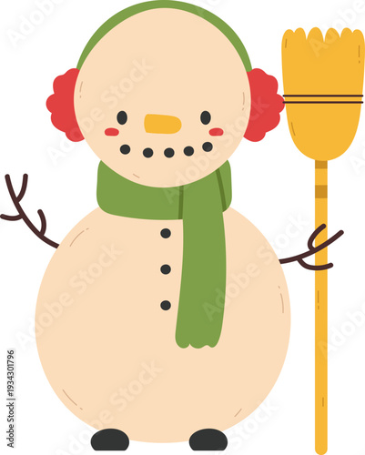 Snowman character wearing winter accessories holding broom
