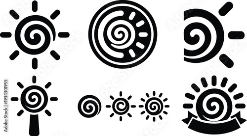 Minimal flat vector sun badge set showing spiral center icons in various circular layouts with ribbon element close up on white background simple bold graphic monochrome