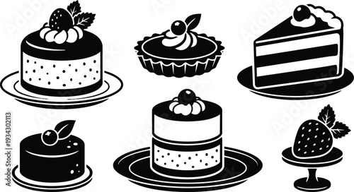 Minimalist vector art top view six dessert icons including strawberry cake layered slice tart and pedestal berry in monochrome flat design close up side angle soft