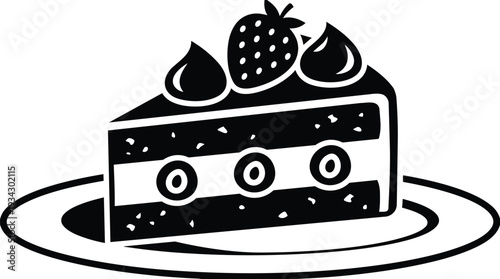 Minimalist black and white vector side view slice of layered strawberry cake with whipped cream topping on plate close up illustration with frosting crumbs simple stencil