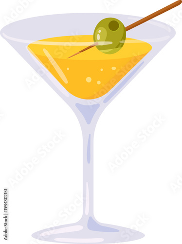 Martini cocktail with olive illustration on white background