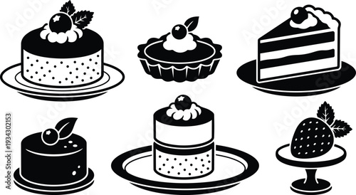 Minimalist black and white vector dessert icons showing six plated cakes and tarts close up top view with strawberry garnish and dotted sponge texture high contrast