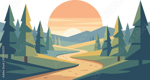 Illustration of Trees and Hills at Sunset