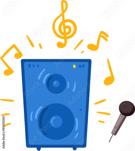 Blue speaker playing music with microphone illustration