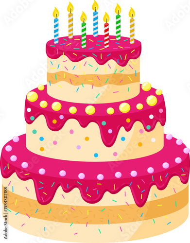 Three tier birthday cake with burning candles celebrating party