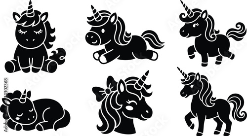 Cute minimalist silhouette kawaii unicorn icons set with six poses close up head and full body sitting sleeping trotting leaping looking at camera flat vector playful