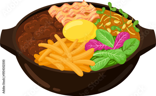 Hearty breakfast meal serving baked beans french fries and bacon