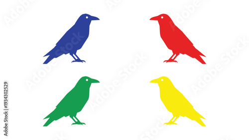 Four colorful birds standing on a plain background in vibrant hues