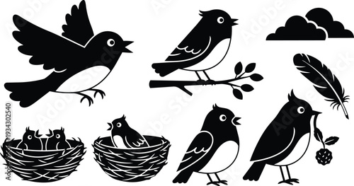Minimalist vector bird icon set showing flying perched and nesting songbirds on branch with feather nest and chicks in flat black silhouette style simple close up graphic