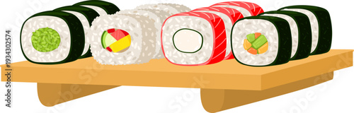 Japanese sushi rolls serving on wooden tray