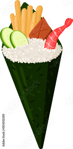 Temaki sushi hand roll with shrimp and cucumber