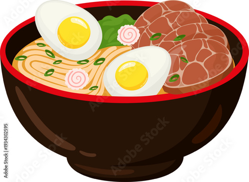 Traditional Japanese ramen bowl with noodles, eggs, pork
