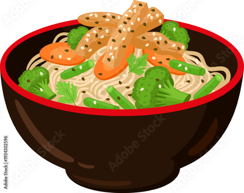 Asian noodle bowl with chicken and fresh vegetables
