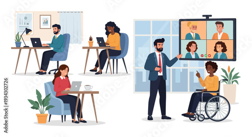 Flexible Work Environment: Diverse Professionals Engaging in Remote Work, Hybrid Meetings & Inclusive Collaboration