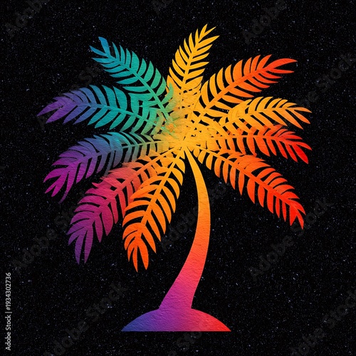 Vibrant rainbow palm tree silhouette against starry night sky