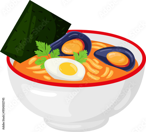 Spicy ramen noodle soup with mussels and boiled egg