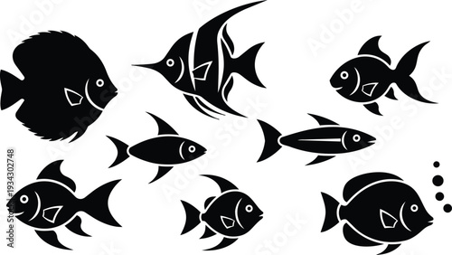 Minimalist black fish silhouette vector art showing diverse reef fish school swimming right with close up profiles and simple bubbles flat design mockup svg png
