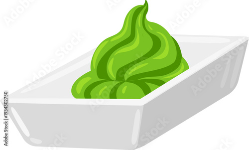 Wasabi paste filling white rectangular sauce dish