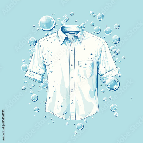 A clean white shirt floating underwater surrounded by detergent bubbles, representing freshness and laundry cleanliness concepts. , vector style simple color