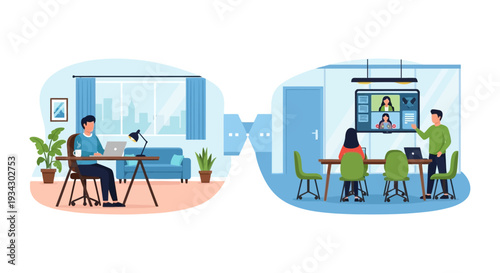 Hybrid Work Model: Remote Employee Working from Home and Team Collaborating in Office via Video Conference