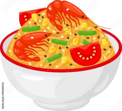 Shrimp noodle bowl with colorful vegetables and seeds