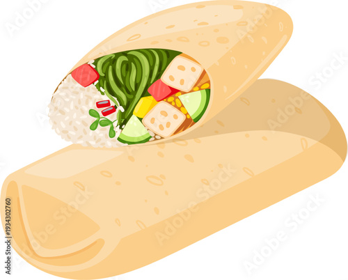 Healthy vegan burrito wrap showing fresh ingredients inside