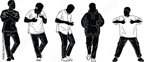 Minimalist vector art close up five young men dancing and posing with crossed arms thumbs up in casual hoodies and t shirts low angle flat lighting