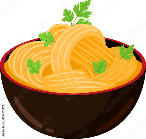 Noodles in bowl with parsley garnish