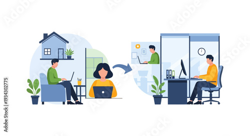 Hybrid Work Model Illustration: Seamless Transition Between Remote Work and Office Environment
