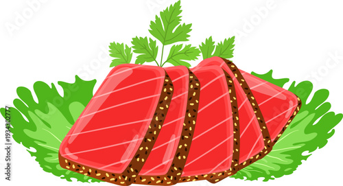Tuna tataki slices on lettuce with sesame crust