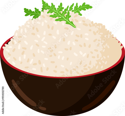 Serving cooked white rice with green herb