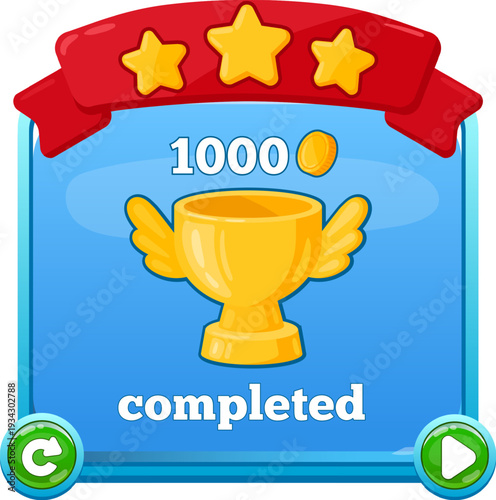 Gaming success screen displaying achievement and completed level