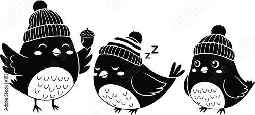 Cute winter bird trio wearing knit hats one holding acorn one sleeping and one looking forward close up flat vector art playful monochrome smiling facing right