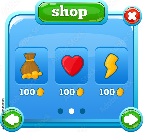Game shop user interface displaying in game items for purchase