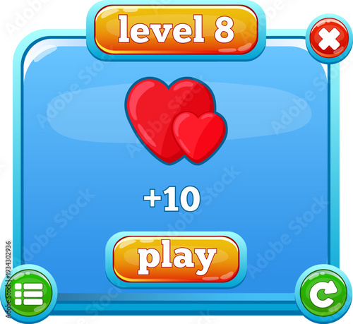 Cartoon mobile game interface showing level eight and play button